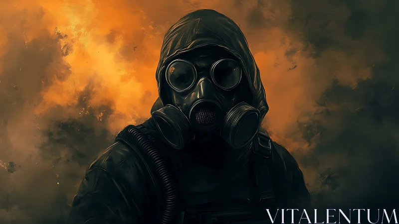 Hooded survivor in gas mask amid toxic orange smoke.