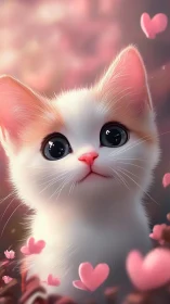 Adorable White Kitten Surrounded by Floating Pink Hearts