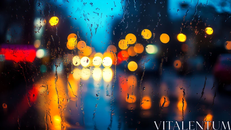 Rain streaked window with vivid urban bokeh lights at night.