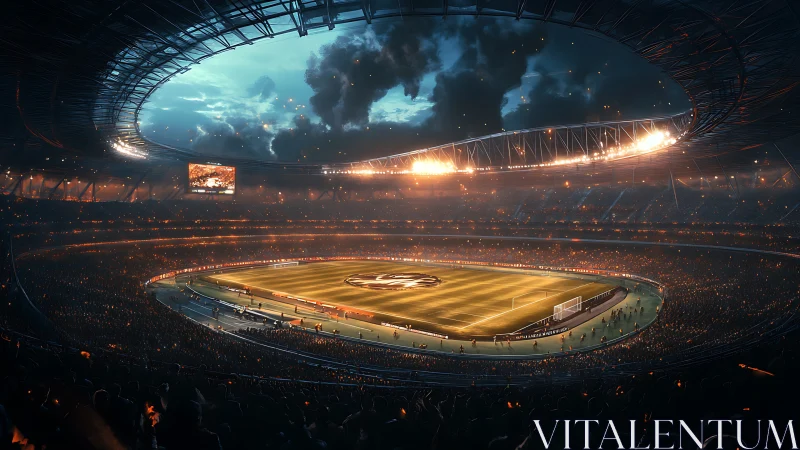 Floodlit football stadium interior shows packed evening crowd