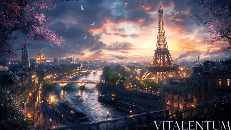 Radiant Parisian riverfront beneath a glowing Eiffel dusk.