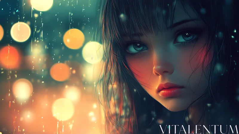 Melancholic anime girl in neon rain with soft bokeh glow.