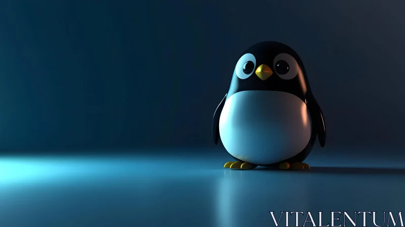 Cute 3D Cartoon Penguin in Minimalist Blue Lighting Scene.