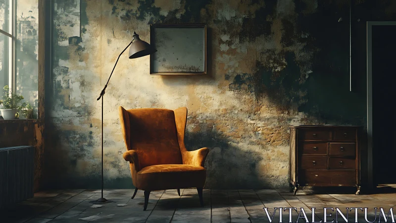 Worn interior with armchair, floor lamp and wooden dresser.