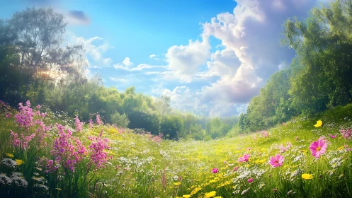 Sunny wildflower meadow under a bright, welcoming sky.