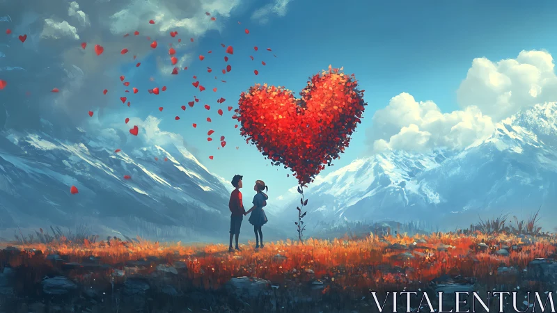 Two Figures Beneath Fractured Heart Sculpture in Alpine Valley