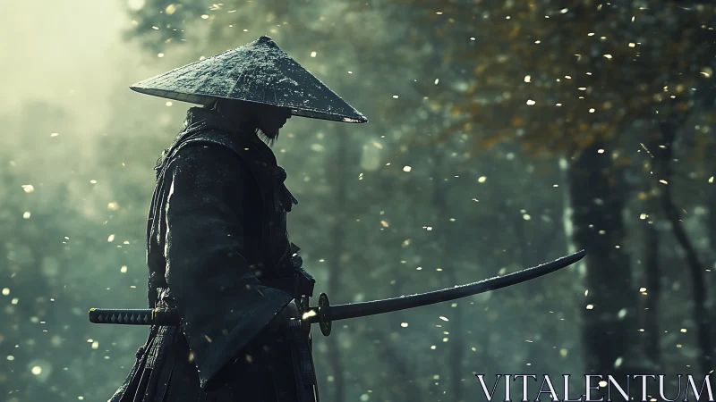 Winter sparks drift as a lone samurai sharpens the silence