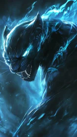 Spectral panther lunging through electric blue flames.
