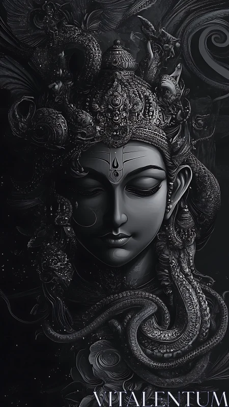 Mystical deity portrait glows softly in intricate shadowed silver