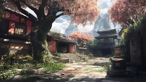 Cherry blossom courtyard with traditional temples and crates.
