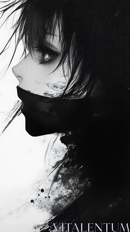 Quiet masked figure in moody black and white profile art.