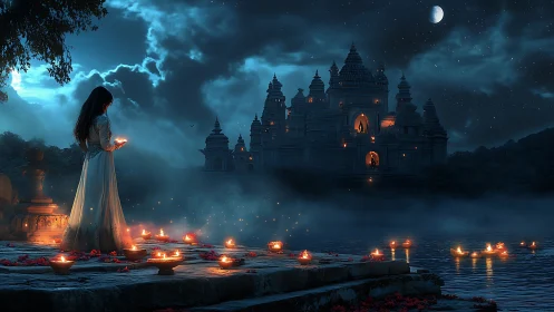 Moonlit riverside temple glows with floating diya lights.
