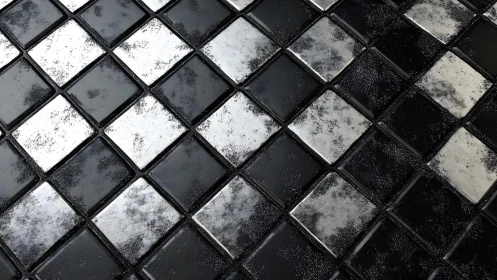 Grungy Black and White Checkerboard Tile Texture, Overhead View.