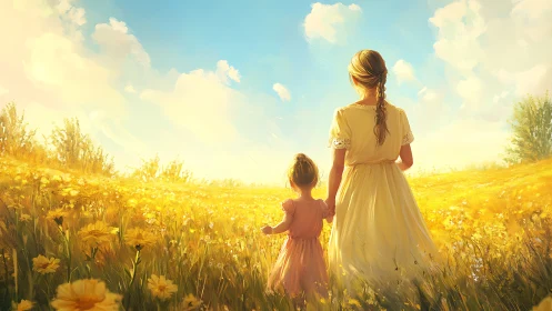 Sunlit mother and child wandering through golden meadow.