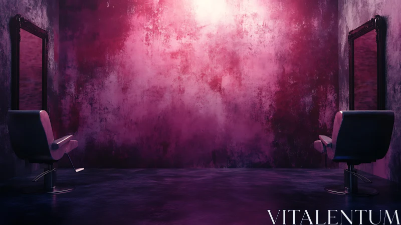 Moody salon interior with twin chairs and mirrors in pink light.