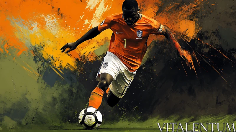 Soccer player in orange jersey sprinting with ball in motion.