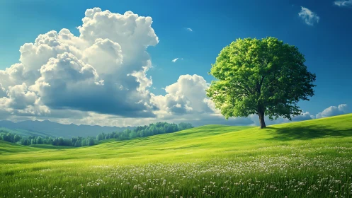 Lone green tree stands on rolling meadow under cumulus clouds