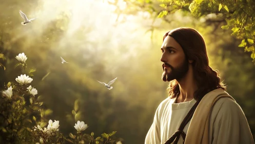 Serene robed figure in sunlit forest with doves ascending.