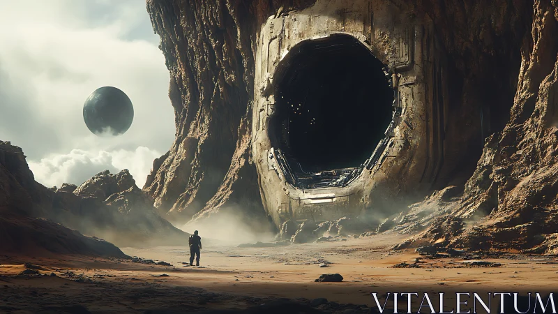 Lone explorer before cyclopean exoplanetary gate aperture.