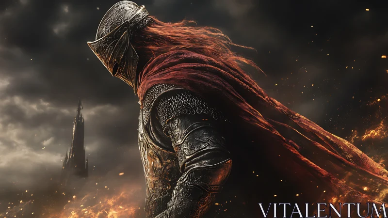 Armored warrior stands amid firelit storm with distant tower