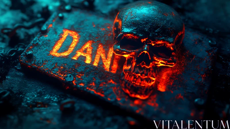 Molten skull danger plaque glows over corroded metal.
