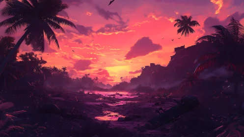 Sunset river wandering through misty tropical wreckage.