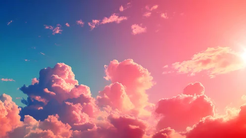 Dreamy pink sunset clouds glowing in a colorful evening sky.
