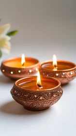 Handcrafted clay diyas glow with warm festive candlelight