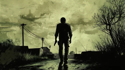 Lone survivor strides through desolate stormlit outskirts.