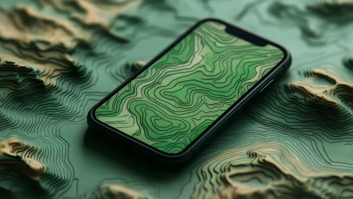 Smartphone with Topographic Map Display in 3D Artistic Style.