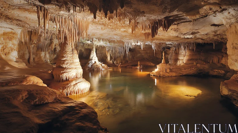 Limestone cave chamber with stalactites, stalagmites, clear pool.