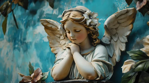 Serene angel statue with folded hands against teal sky.