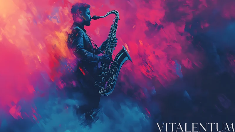 Saxophonist emerges in neon clouds of swirling jazz sound.