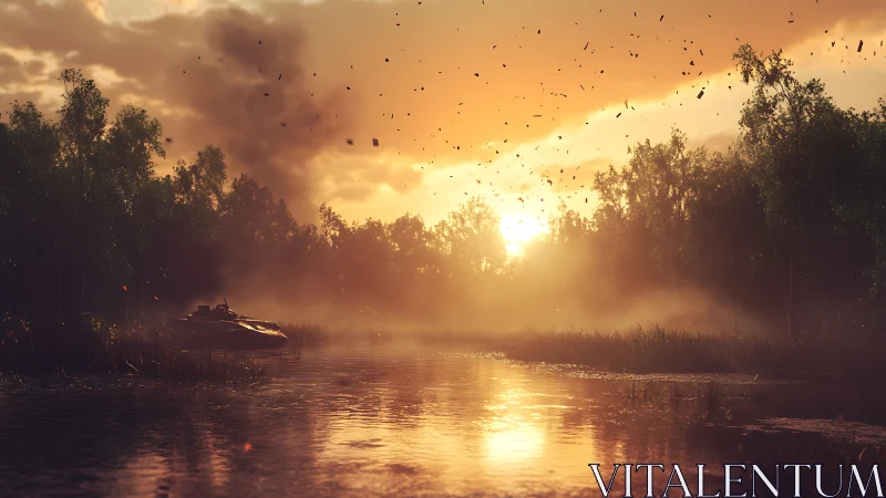 Sunset armored vehicle beside misty river in battle haze.