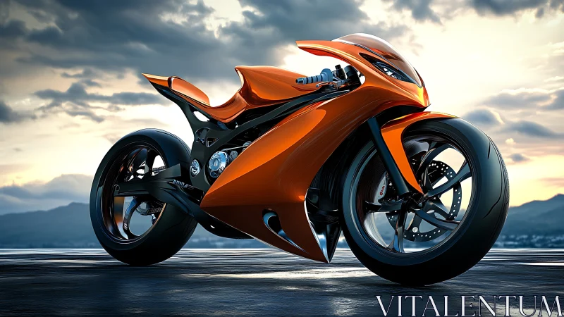 Orange concept sport motorcycle on wet surface at sunset.