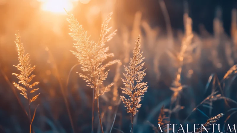 Backlit grass seed heads in shallow field focus at sunset.