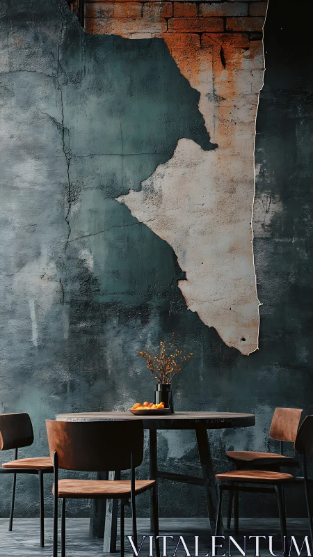 Dining set stands against distressed textured concrete wall