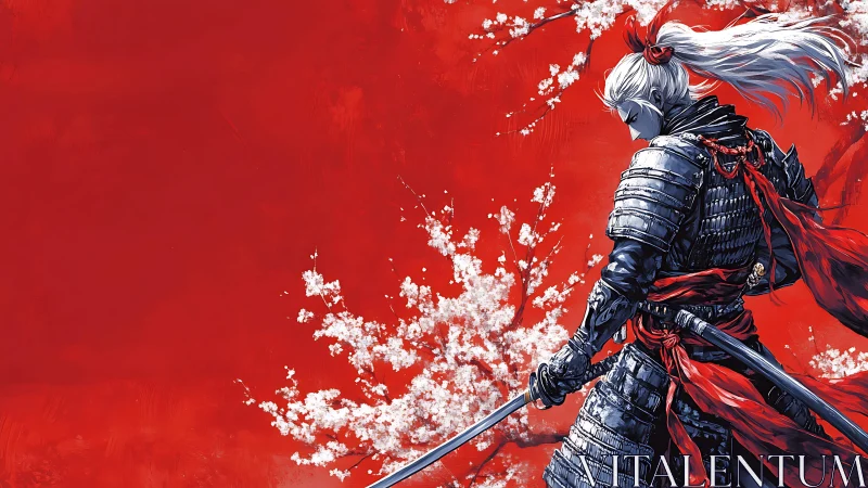 Crimson wind samurai before white blossoms on scarlet sky.
