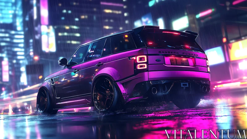 Neon pink SUV drifts through rainy cyberpunk night street.