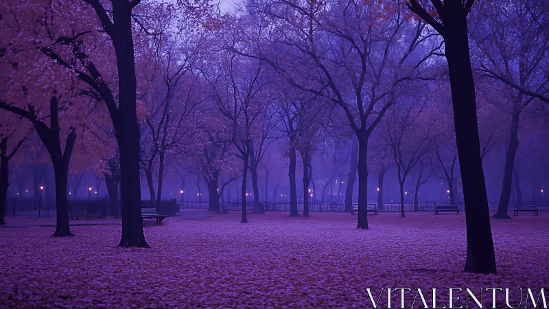 Purple-hued foggy park at dusk renders atmospheric depth