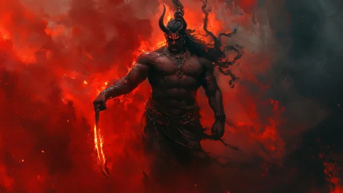 Horned fire demon strides through inferno with blazing blade.