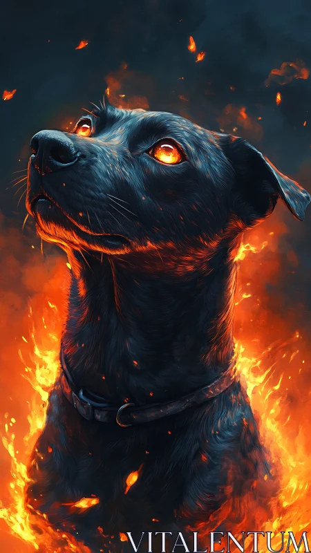 Luminous infernal dog portrait rendered in high contrast flames