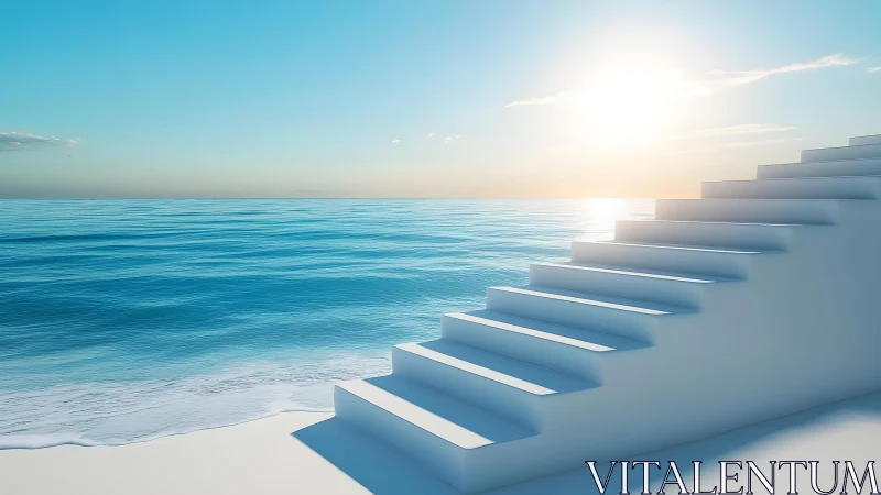 Minimalist white stairs leading to tranquil ocean at sunrise.