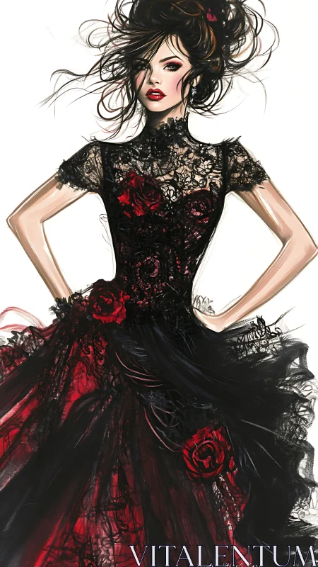 Digital fashion illustration of gothic lace ball gown design.