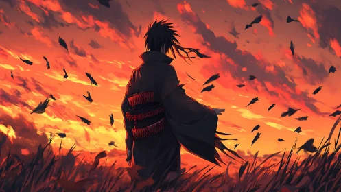 Lone wanderer beneath a burning crow-filled sunset sky.