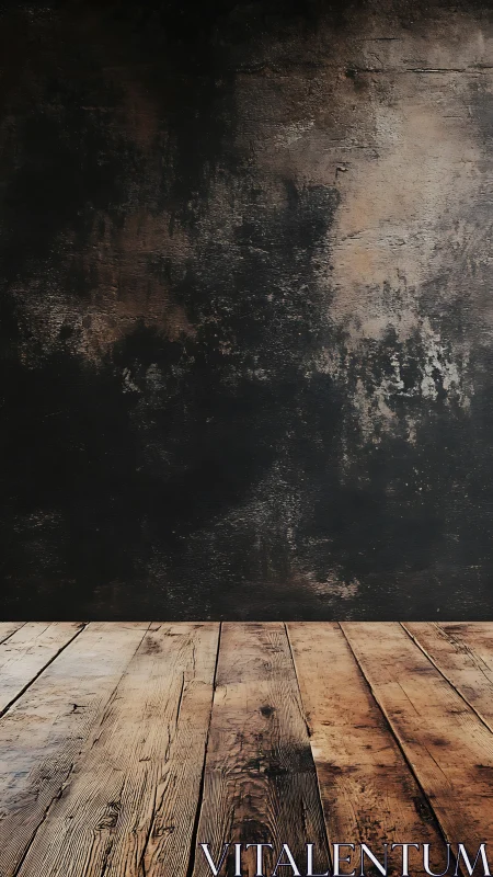 Weathered wooden floor meets dark rustic studio wall softly