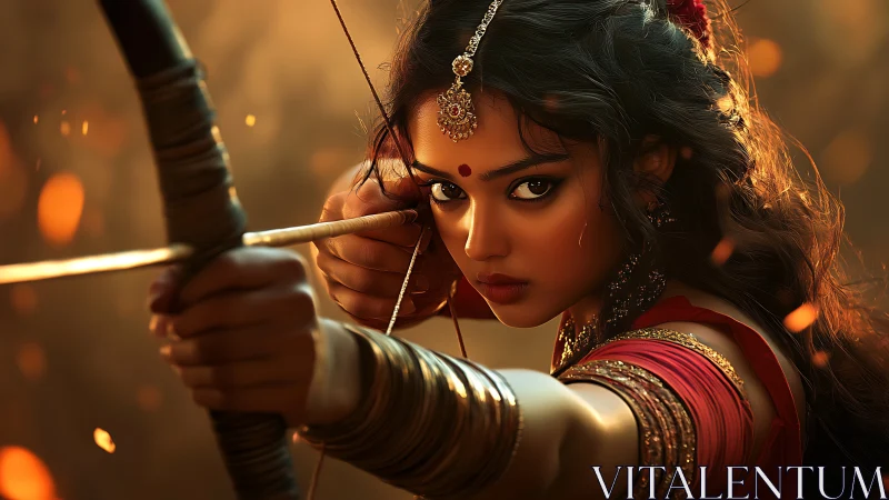 Woman archer draws bowstring with intense direct gaze