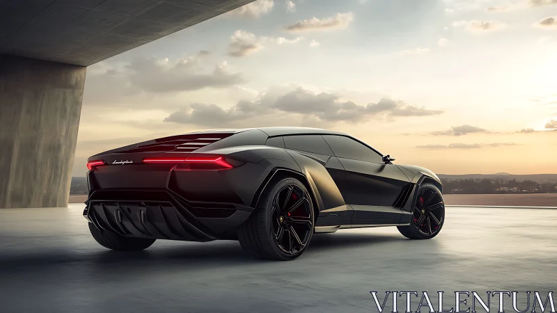 Futuristic black supercar concept under warm sunset sky.