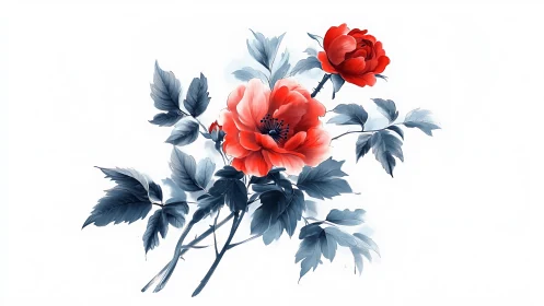 Red Peonies with Blue Foliage Rendered in Contemporary Digital Botanical Illustration.