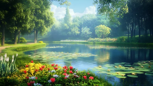 Lakeside garden with lilies, trees, and flowering borders.